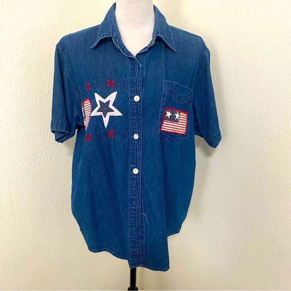 Vintage Women Embroidered American Flag Heart Button Up Medium Jean Denim Shirt - Picture 1 of 7